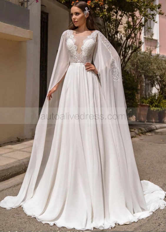 Ivory Lace Chiffon Wedding Dress With Detachable Cape